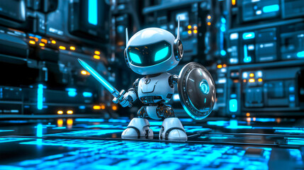 Cute robot with shield and swaord on blue data background , Cyber security concept .