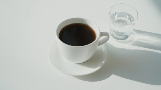 Photo of, A cup of black coffee served in a minimalist white mug, Minimalist cafe setting