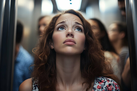 A young woman with curly hair looks up anxiously in a packed elevator surrounded by people