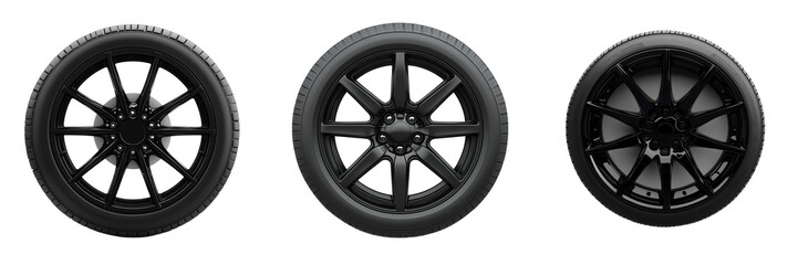 Obraz premium Set of A Car wheel with a black rim and tire, isolated on Transparent PNG format Background