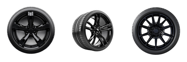 Obraz premium Set of A Car wheel with a black rim and tire, isolated on Transparent PNG format Background
