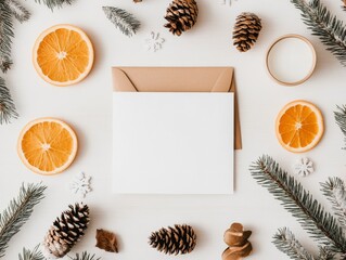 Obraz premium This minimalist holiday greeting card is displayed with slices of orange, fir sprigs, small pinecones, and a brown envelope, set on a light background.