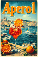 Vintage Aperol Poster: A Mediterranean Escape.
Classic Aperol Advertisement with Italian Vibes. Retro Citrus Cocktail Art by the Sea. Aperol Harbor Illustration: Sunset Refreshment