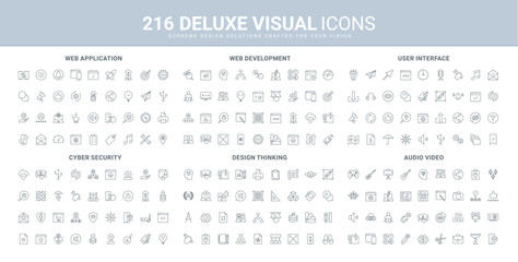 Web development and bug testing, mobile app UI line icon set. Software data protection settings, audio and video content planning, design thinking thin black outline symbols vector illustration