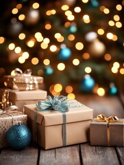 A selection of beautifully wrapped holiday gifts with blue bows, accompanied by a sparkling bokeh effect from Christmas lights in soft focus in the background.