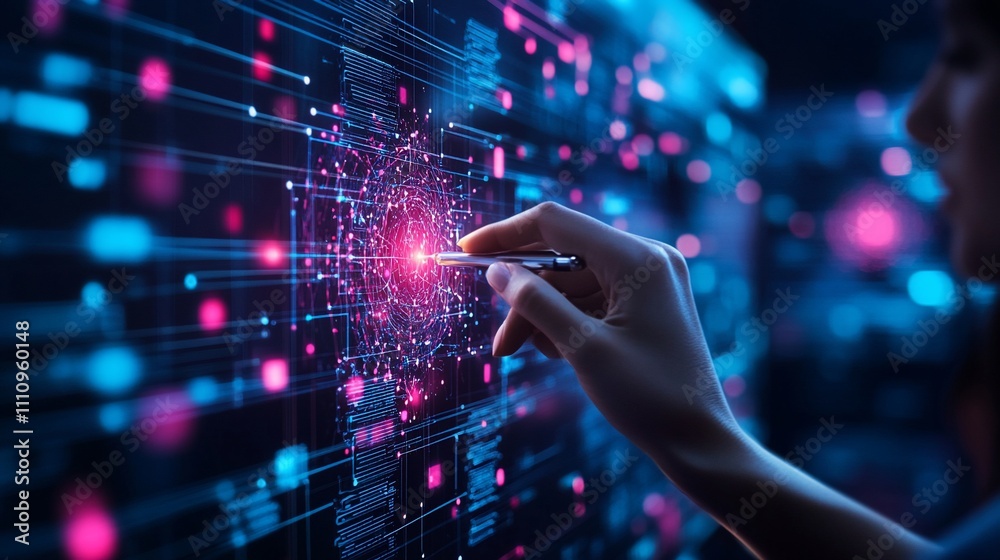 Poster hand interacts with a glowing digital network.