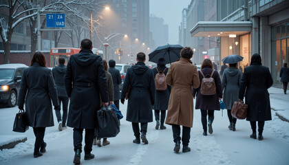 Obraz premium Snow-covered streets halt daily commutes as pedestrians navigate winter's challenges in the city