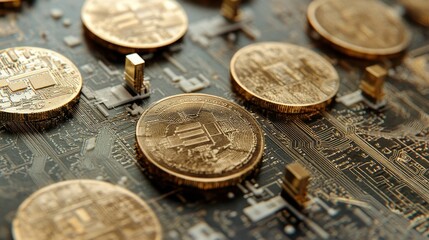 Close-Up of Bitcoin Coins on Circuit Board