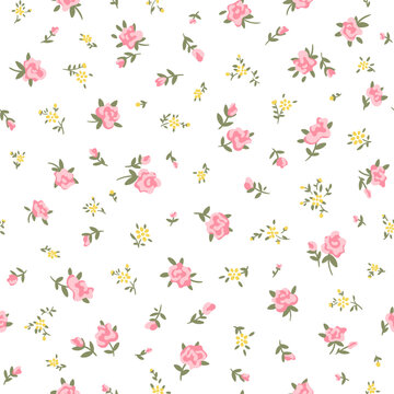 Cute floral vintage print of pink small piony roses flower with green leaves, ditsy and pretty simple vibe. Seamless pattern for girl and woman dress, fashion fabric textile. Vector illustration