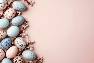 Obraz premium An array of pastel-colored eggs is artfully placed alongside delicate spring blossoms, creating a visually appealing composition that radiates freshness and renewal.