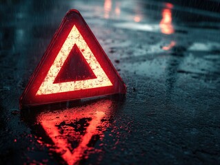 Emergency Sign Reflection on Wet Street