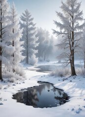 Snowy landscape with frost-covered trees and a frozen pond on Christmas Day, peaceful environment, serene scene