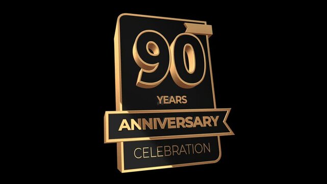 90 years, 90th anniversary logo, loop, looped video in 3D Gold with Alpha channel,  isolated transparent background