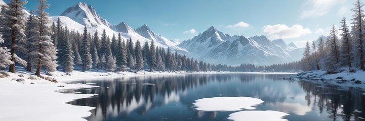 Snowy mountains with a frozen lake and snow-covered trees, frozen, frostbite, tranquil