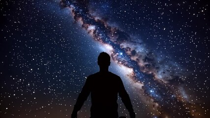 Silhouette of a man looking at the beauty of universe, stars, galaxy, milky way. Zoom in. Infinite universe. Edge of the world, 4K Ultra HD resolution High-Quality animation video