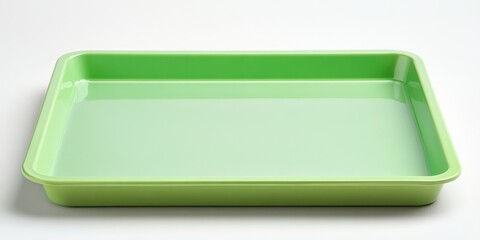 Green plastic tray resting on a white surface, suitable for serving food or organizing items in kitchens and dining spaces