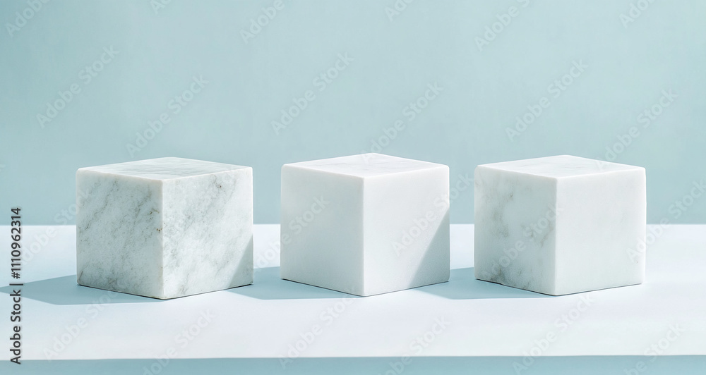 Poster three minimalist white marble cubes arranged neatly on a light surface in a modern setting