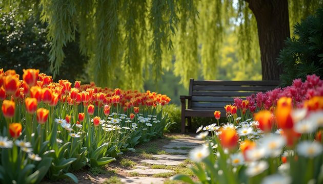 A serene garden filled with vibrant tulips and daisies, with a small stone pathway leading to a wooden bench under a willow tree.