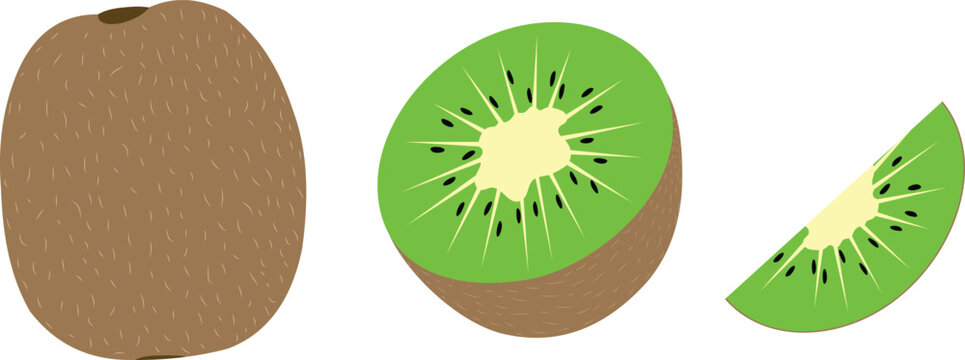 Fresh and juicy kiwi fruit set whole, cut and half slice isolated on white background. Tropical fruit, Kiwi icon vector illustrator design.