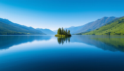 Naklejka premium A wide landscape of a calm blue lake surrounded by distant green hills and mountains. The sky is bri
