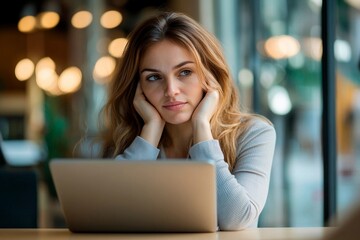 Young woman reflects thoughtfully while working at a cozy cafe in the afternoon. Generative AI