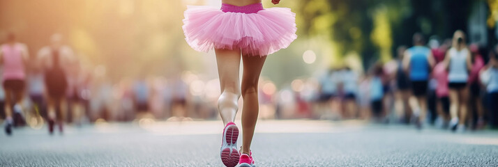 woman marathon runner running while wearing tutu and sport shoes