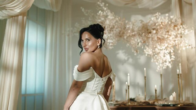 Elegant bride in a wedding dress looking at camera with confidence