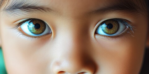 Naklejka premium Captivating close-up of a child’s expressive eyes reflecting curiosity and innocence during a sunny day outdoors