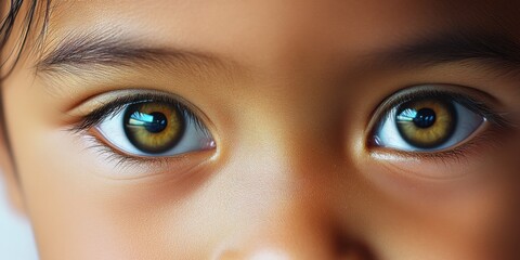 Naklejka premium Child with captivating brown eyes gazes directly at the viewer in a close-up shot, showcasing innocent curiosity and wonder that captures the essence of childhood