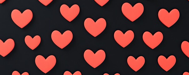 A vibrant pattern of red hearts against a black background, symbolizing love and affection in a playful, eye-catching design.