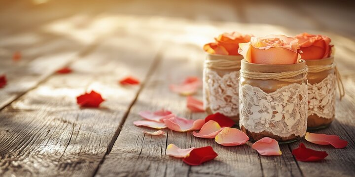 Rustic wedding decor with roses in lace-wrapped jars on wooden table