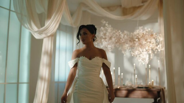 Elegant bride in a wedding dress looking at camera with confidence