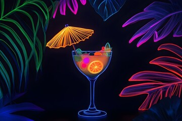 A glowing neon outline of a vibrant tropical cocktail adorned with fruits and umbrella on a black background.
