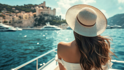 Elegant woman in a sun hat on a yacht looking at the sunny city of French Riviera with a view of the castle and beach