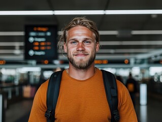 Fototapeta premium travel restrictions concept. travel restrictions concept. A traveler standing in front of a digital display at an airport showing updated entry requirements