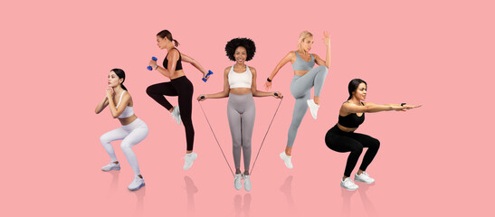 Five women are engaged in different workout routines against a pink backdrop. They are utilizing dumbbells, a jump rope, and performing jumps and squats.