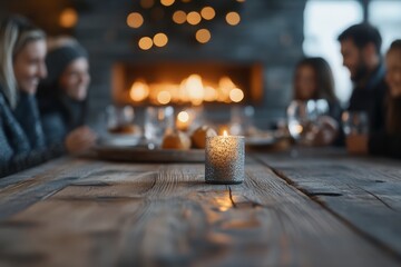 An inviting setting of a candlelit dinner party where friends or family are gathered around a rustic wooden table, capturing warmth, togetherness, and celebration.