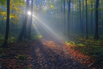 Fototapeta premium Sunbeams Illuminate Autumn Forest Path