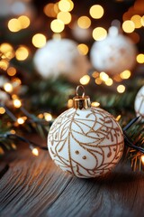 A beautiful white Christmas ornament with delicate golden patterns, set amidst a festive background with glowing lights and evergreen branches.