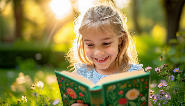A young blonde girl smiling while reading a green book with floral designs. She is outdoors in a sun