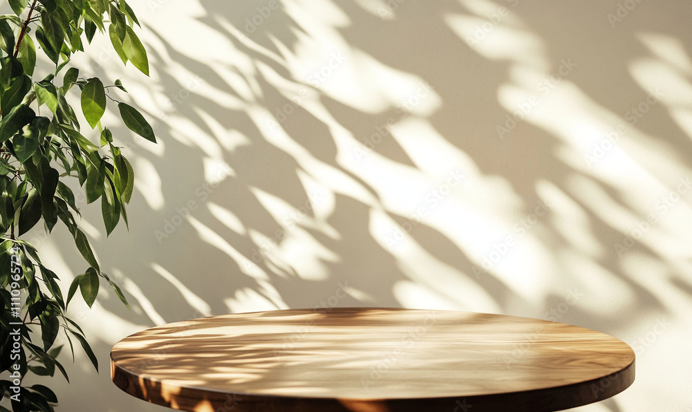 Poster sunlight casting intricate shadows on a wooden table surrounded by lush greenery in a cozy indoor se