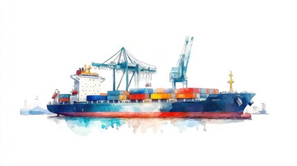 Naklejka premium a container ship with cranes, harbor setting, watercolor illustration, soft tones, isolated on white background