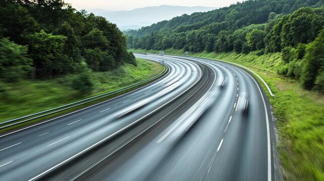 Empty highway through lush green landscape with blurred motion of cars
