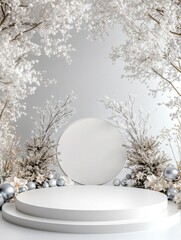 A winter wonderland scene with an elegant silver decor arrangement, featuring silver baubles and white snowy trees on a reflective platform, creating pure enchantment.