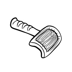 Cat's comb. Fluffer for pet hair. Free hand domestic pet care illustration. Animal grooming. Trendy doodle collection. Sketch style crooked vector.