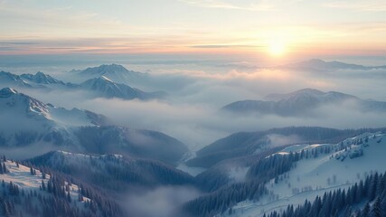 Fototapeta premium The misty valleys and snow-capped mountains blend together in a breathtaking winter scene as the sun rises behind them at dawn, mountain, serene, stillness
