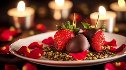 Photo of, A decadent plate of chocolate-covered strawberries drizzled with white chocolate and sprinkled with crushed pistachios, Chocolate strawberries plate centered