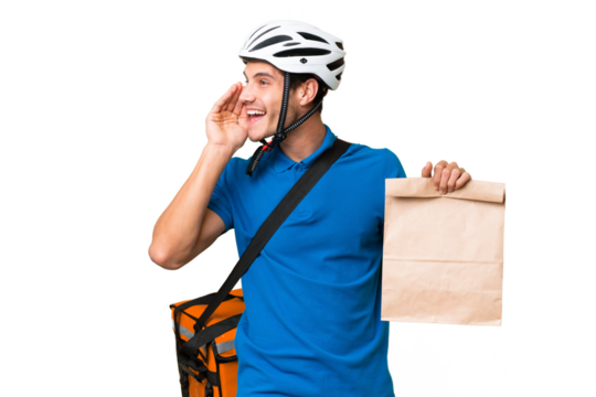 Young caucasian man taking a bag of takeaway food over isolated background shouting with mouth wide open to the side