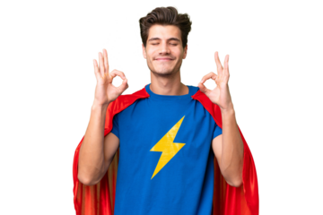 Super Hero caucasian man over isolated background in zen pose
