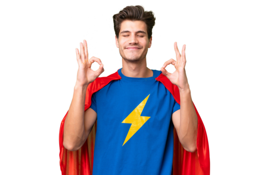 Super Hero caucasian man over isolated background in zen pose